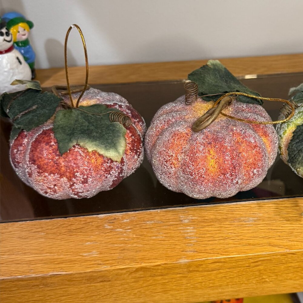 Artificial Beaded Faux Pumpkins with Fabric Leaves